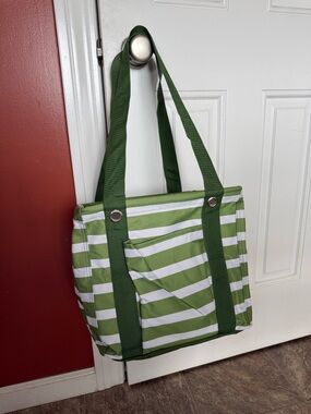 thirty-one Green and White Striped Canvas Tote with Shoulder Straps